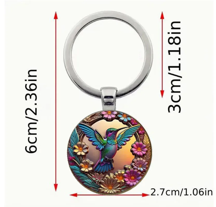 Charming Hummingbird Glass Cabochon Keychain - Zinc Alloy, Cute Style, Perfect Gift For Him ﻿