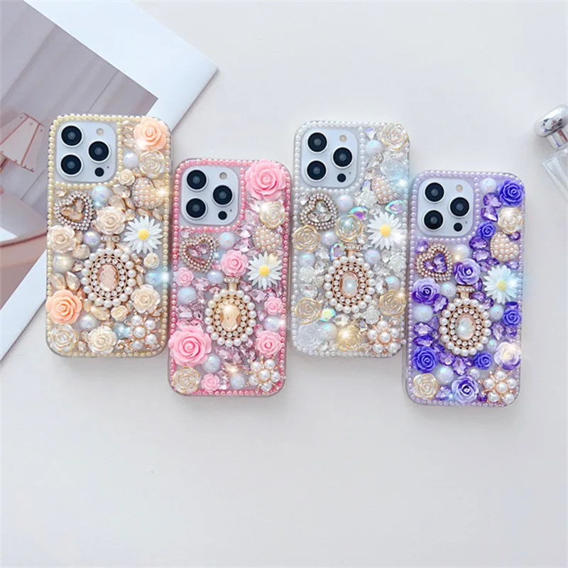 New Luxury style suitable for iPhone 13 promax phone case 12 flowers 11 daisies 14 pearls 15 plus rhinestones X anti drop 7 8 SE