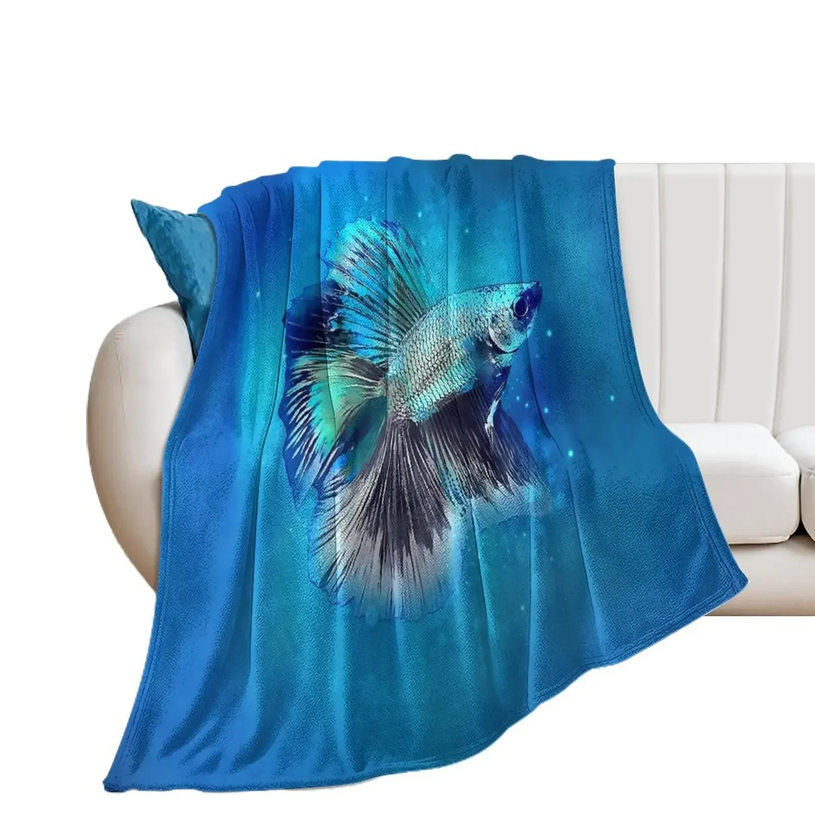 Blue Betta Fish Throw Blanket warm for winter Furry Flannel Fabric Single Blankets