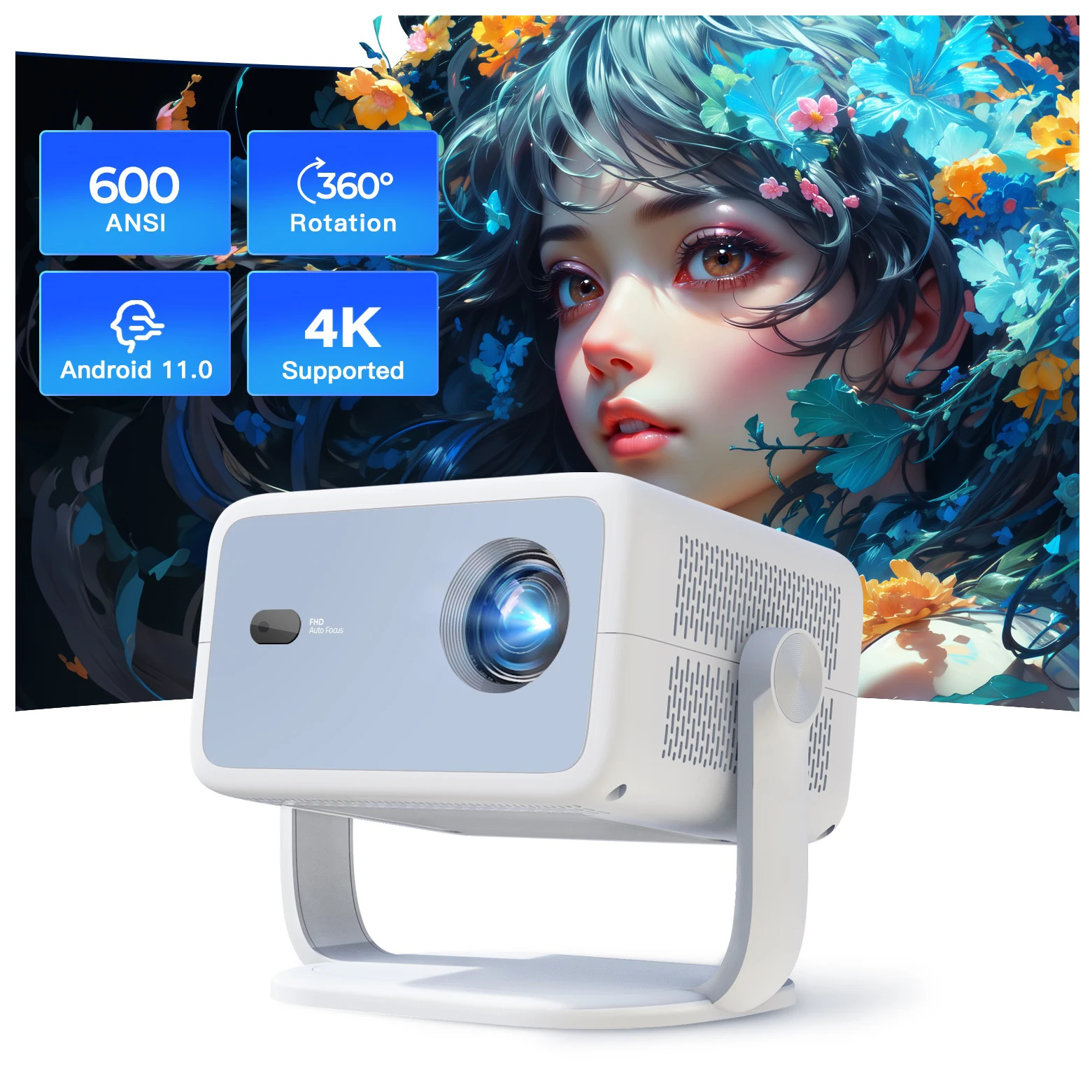 

Lyncast 600ANSI L018 4K Native Portable Projector 1080P Auto Focus Keystone Correction Android 11 BT5.2 WIFI6 360° Home Cinema