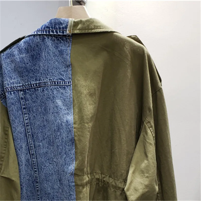 Chaqueta vaquera con estampado de almazuela verde militar de otoño para Mujer, Chaqueta vaquera corta holgada, Chaqueta vaquera con bolsillos grandes para Mujer