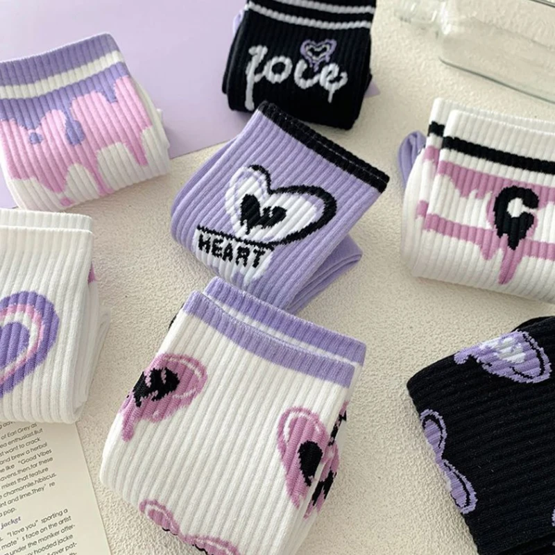 Purple Lovely Socks Children's Women's Warm Cotton Socks Medium Tube Autumn Winter Versatile Long Tube Cartoon Sports Stockings