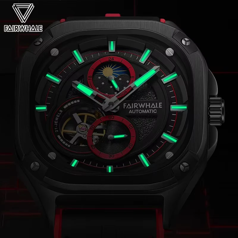 Mark Fairwhale Fashion Automatic Tourbillon Watch for Men Sports Silicone Waterproof Luminous Clock Luxury Mechanical Wristwatch