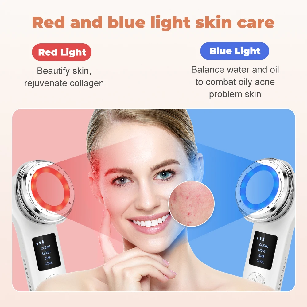 EMS Galvanic Hot Cold ION Vibrating Face Lifting Massage Home Use Beauty LED Light Care Instrument Facial Cleaning Device