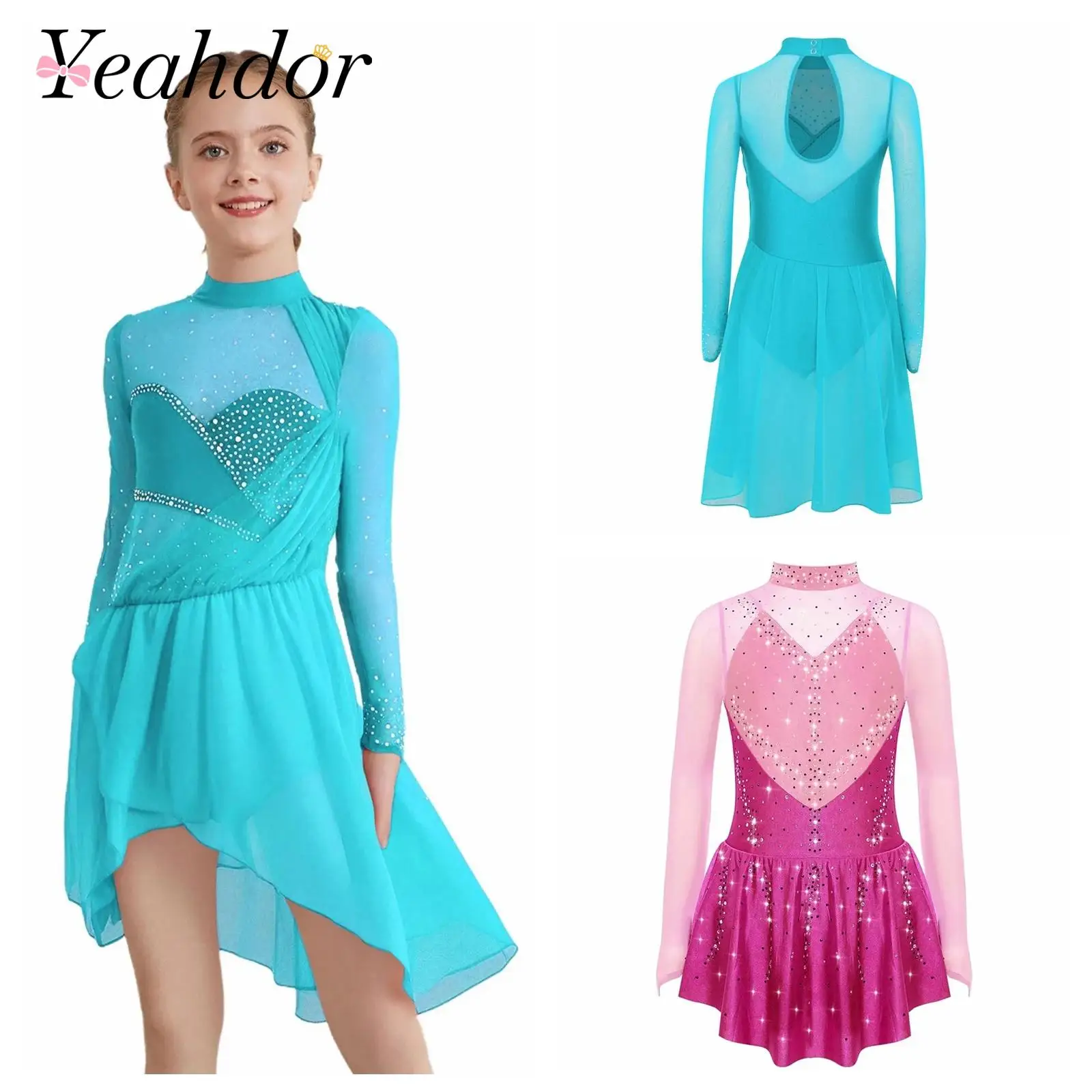 

Girls Ballet Dress Kids Sheer Mesh Performance Dresses Dance Leotard Dress Ballroom Lyrical Figure Skating Gymnastics Costume
