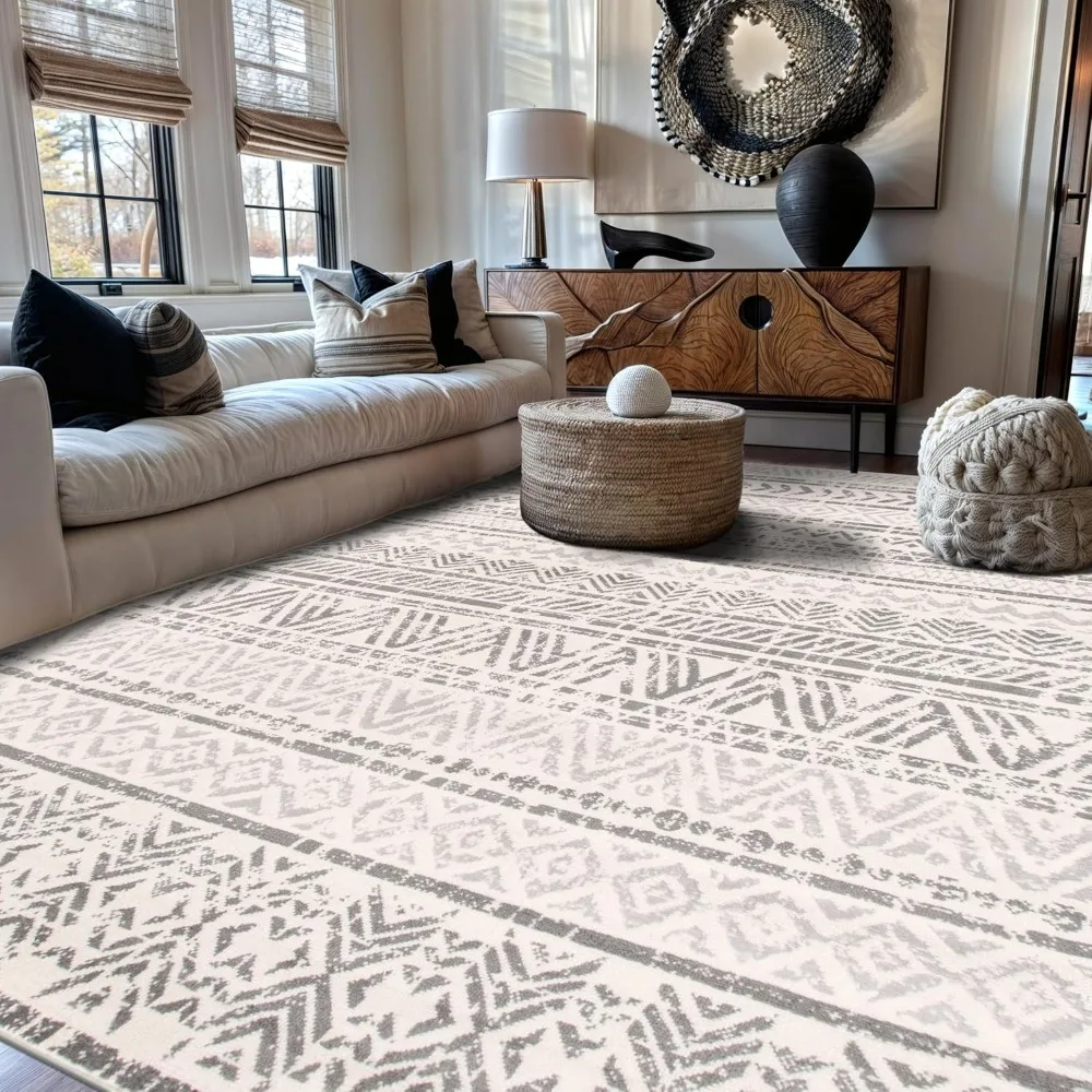 

Geometric Tribal Boho Rug in Gray, Suitable for Living, Bedroom, and Dining Areas, 6'6 x 9'