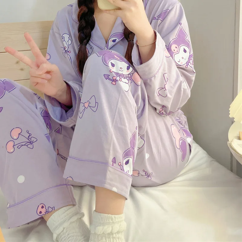 Sanrio Hello Kitty Kuromi Pajamas Suits Kawaii Cinnamoroll Melody Long Sleeve Shirt Pant Two Pieces Sets For Women