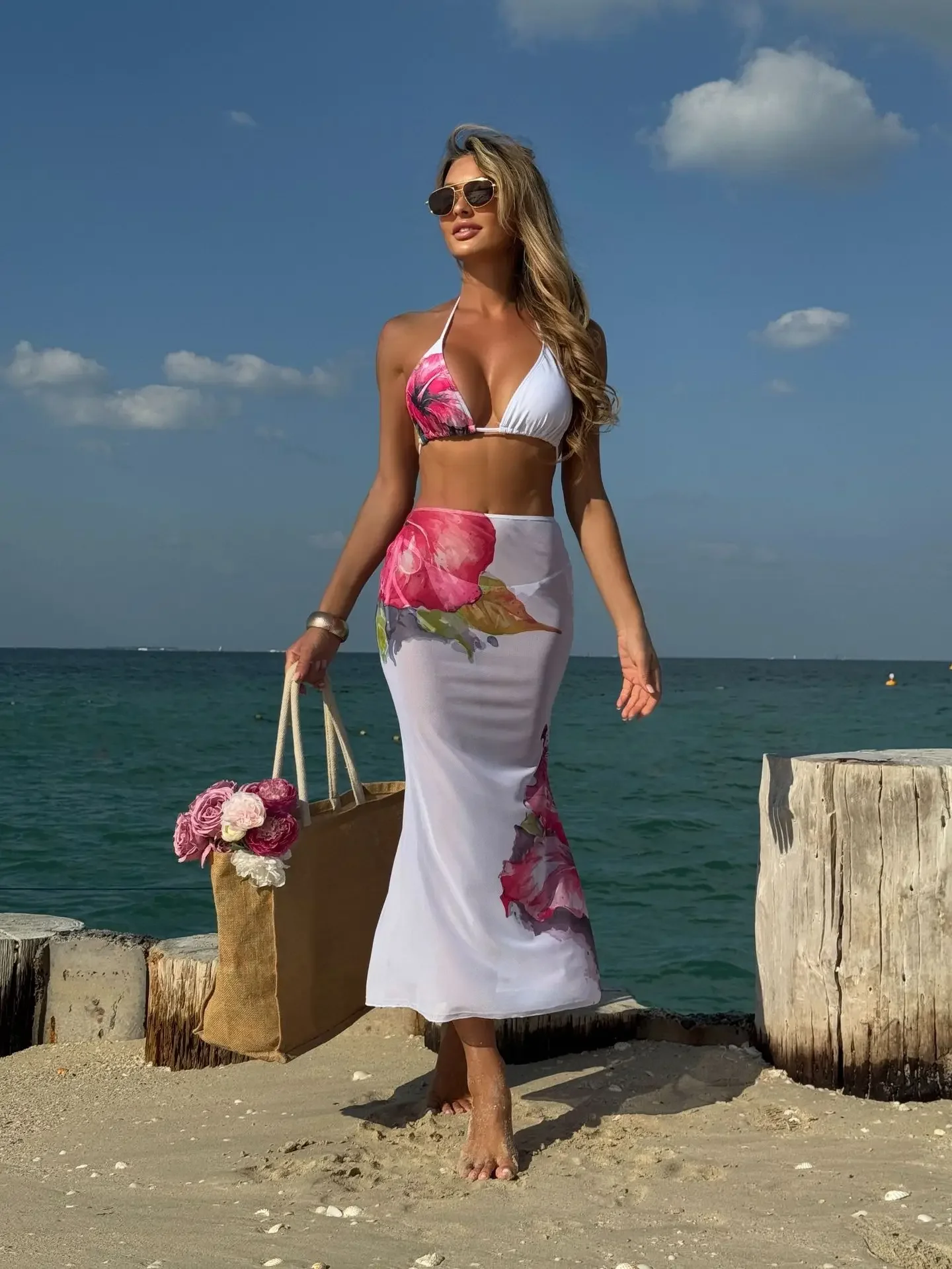 Sexy White Floral Print Bikinis Sets Women Mesh Long Skirt 3 Piece Swimsuit Summer Push Up Beach Bathing Suit Holiday Swimwear