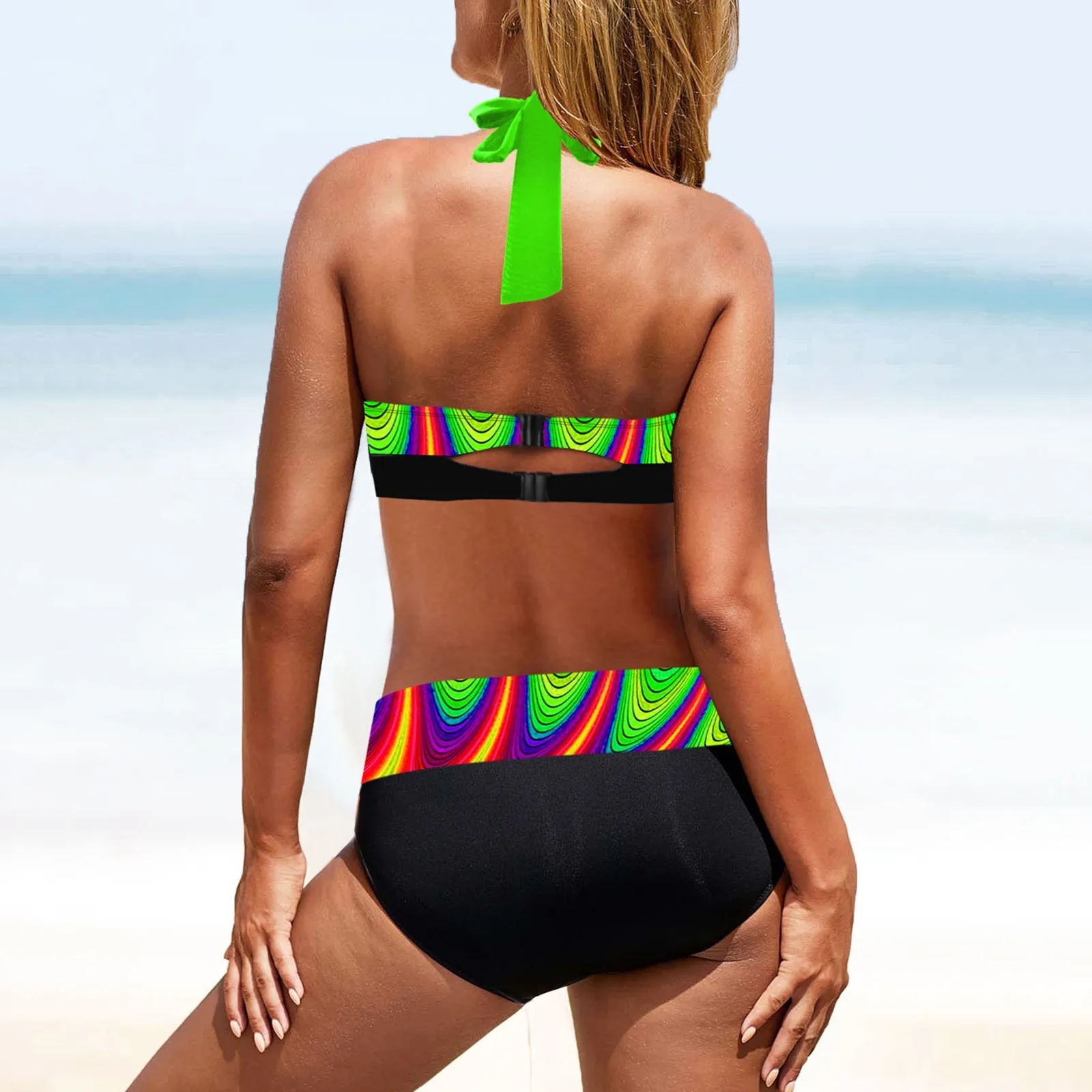 Sexy conjunto de duas peças com cintura alta e v pescoço para as mulheres, maiô com bloco de cores, colar halter, roupas de praia