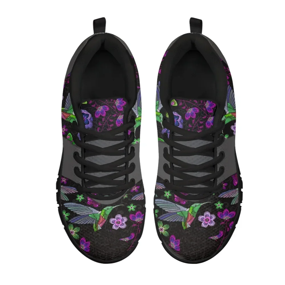 Women's Lightweight Soft Mesh Sneakers Pretty Dark Flower And Hummingbird Print Female Flat Shoes Lace Up Zapatos