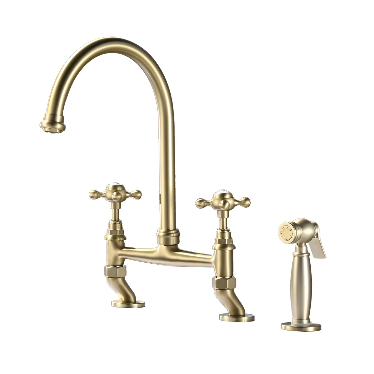 

All-copper French retro bridge brushed gold kitchen hot and cold faucet double hole rotatable sink faucet with spray gun