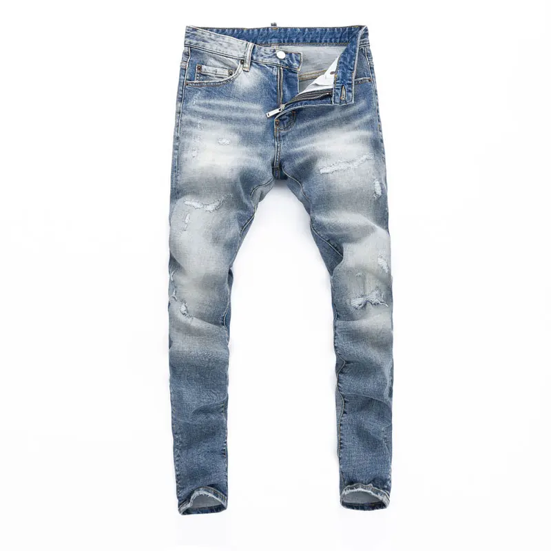 

Designer street fashion men's retro light blue jeans stretch tight tear jeans men's patchwork hip-hop brand retro denim pants ho