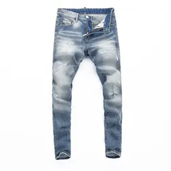 Pantalones vaqueros retro azul claro para hombre, jeans elásticos ajustados, patchwork, hip-hop, marca de diseñador, moda urbana, ho