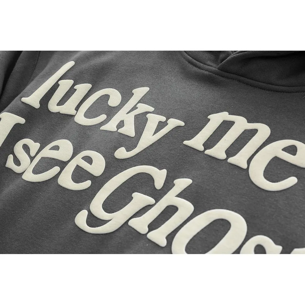 Lucky Me I See Ghosts Vintage Graphic Hoodies Graffiti Hoodie Cotton Pullover foaming technology