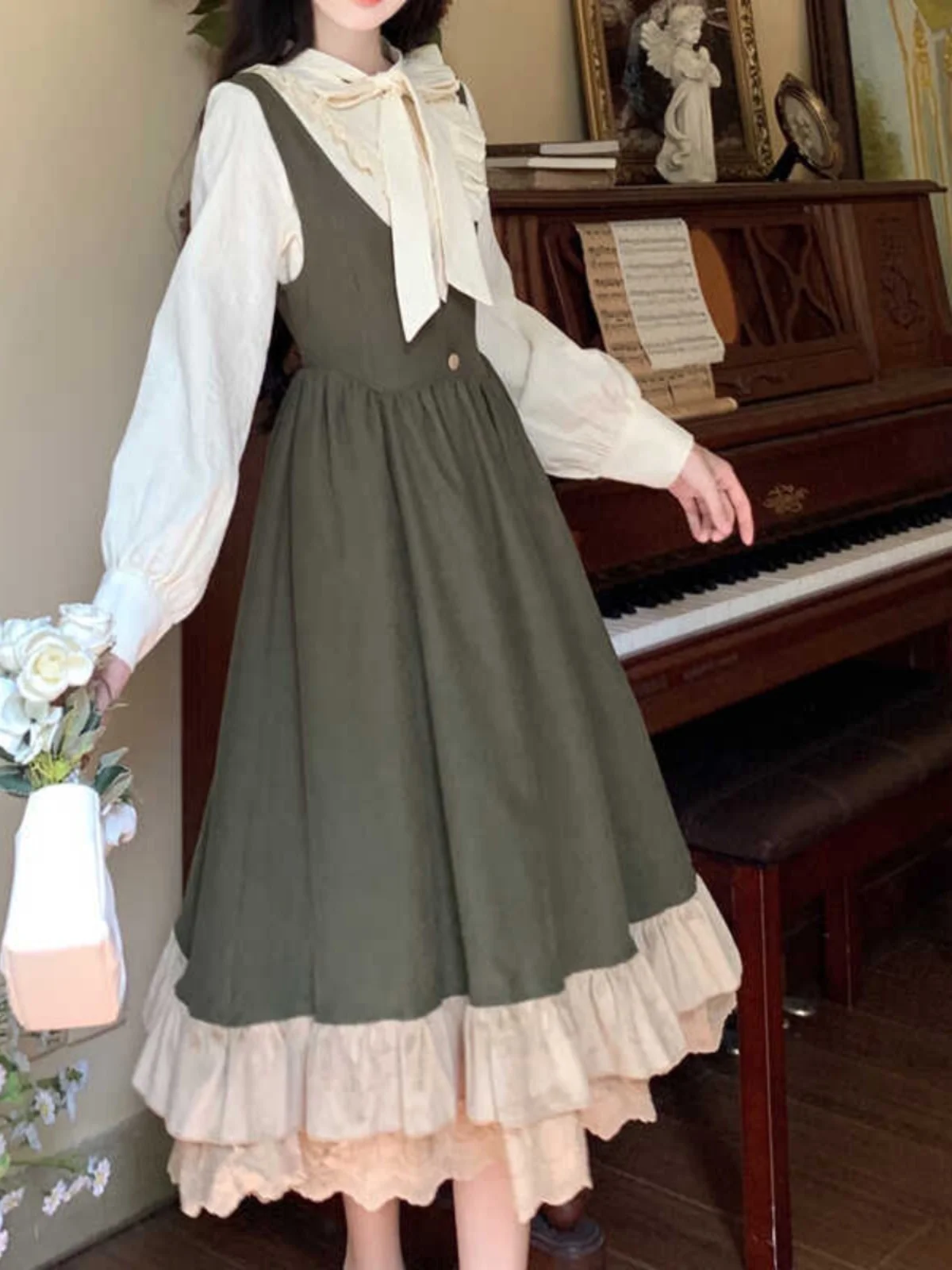 L-4XL plus size nova primavera lolita grande balanço vestido feminino temperamento princesa cinta vestidos branco camisa de manga longa conjunto de duas peças