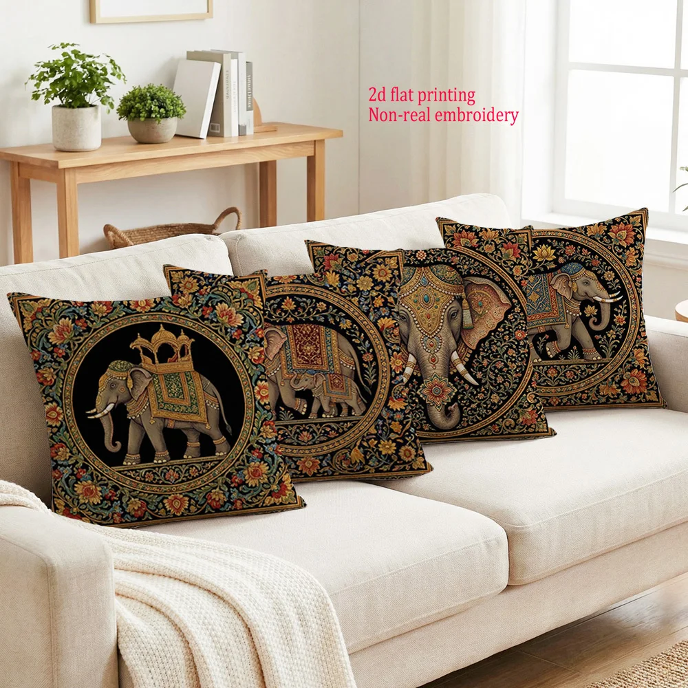 1/4pcs Boho Chic Elephant Mandala Throw Pillow Cover, Exotic Indian Style Luxury Decorative Cushion Case