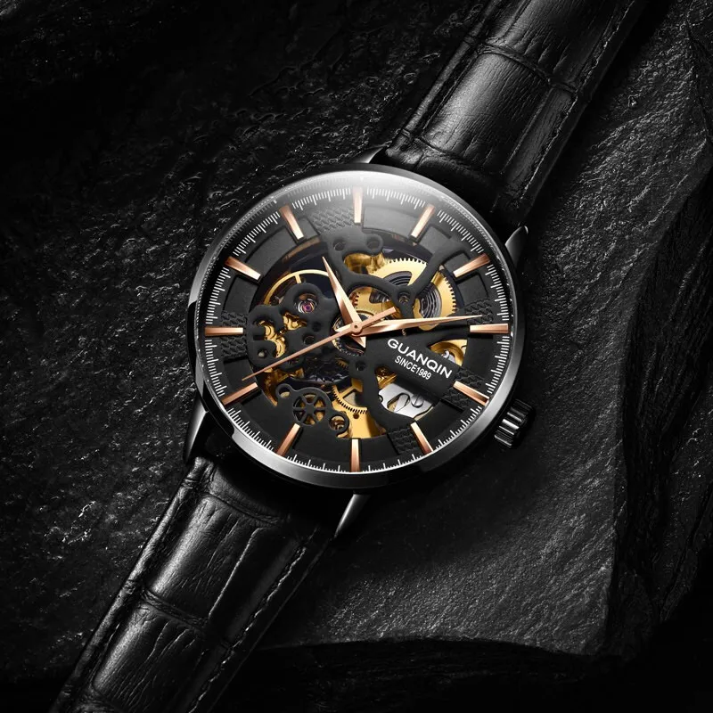 GUANQIN Waterproof Watch Skeleton Dial Trends Classic Self Winding Men Automatic Mechanical Watch Suitable For Festivals, Dating