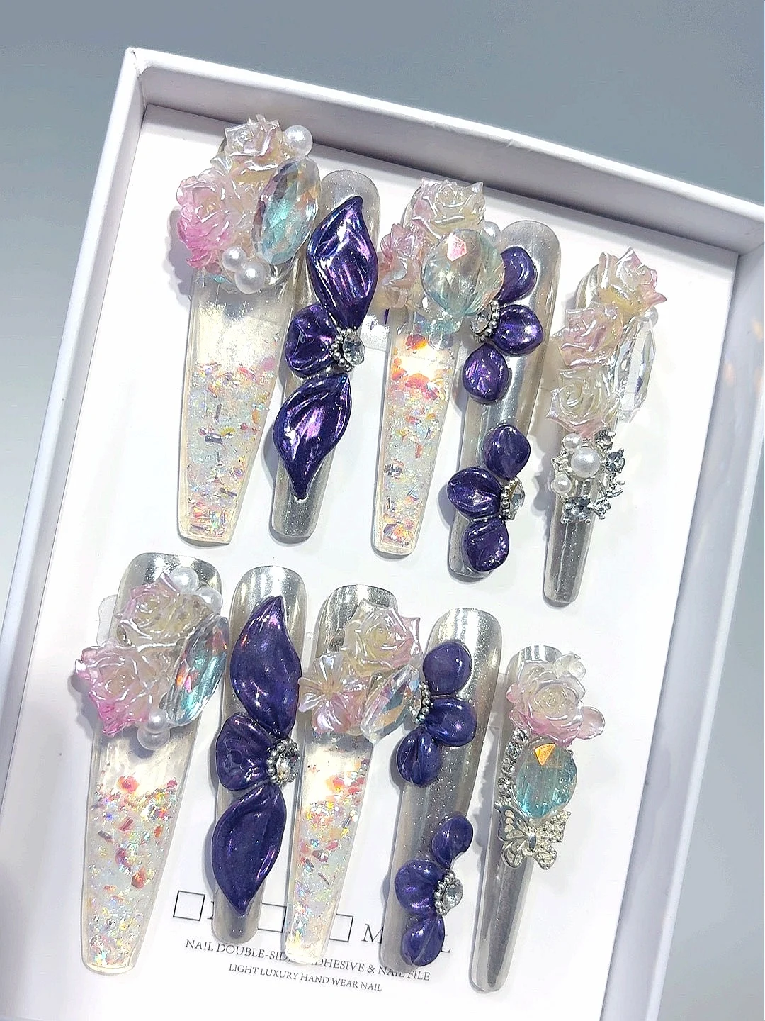 

Iridescent Clear & Purple Resin Flow Art Press-On Nails, 3D Floral & Butterfly Rhinestone Embellished False Nails Set (O020)