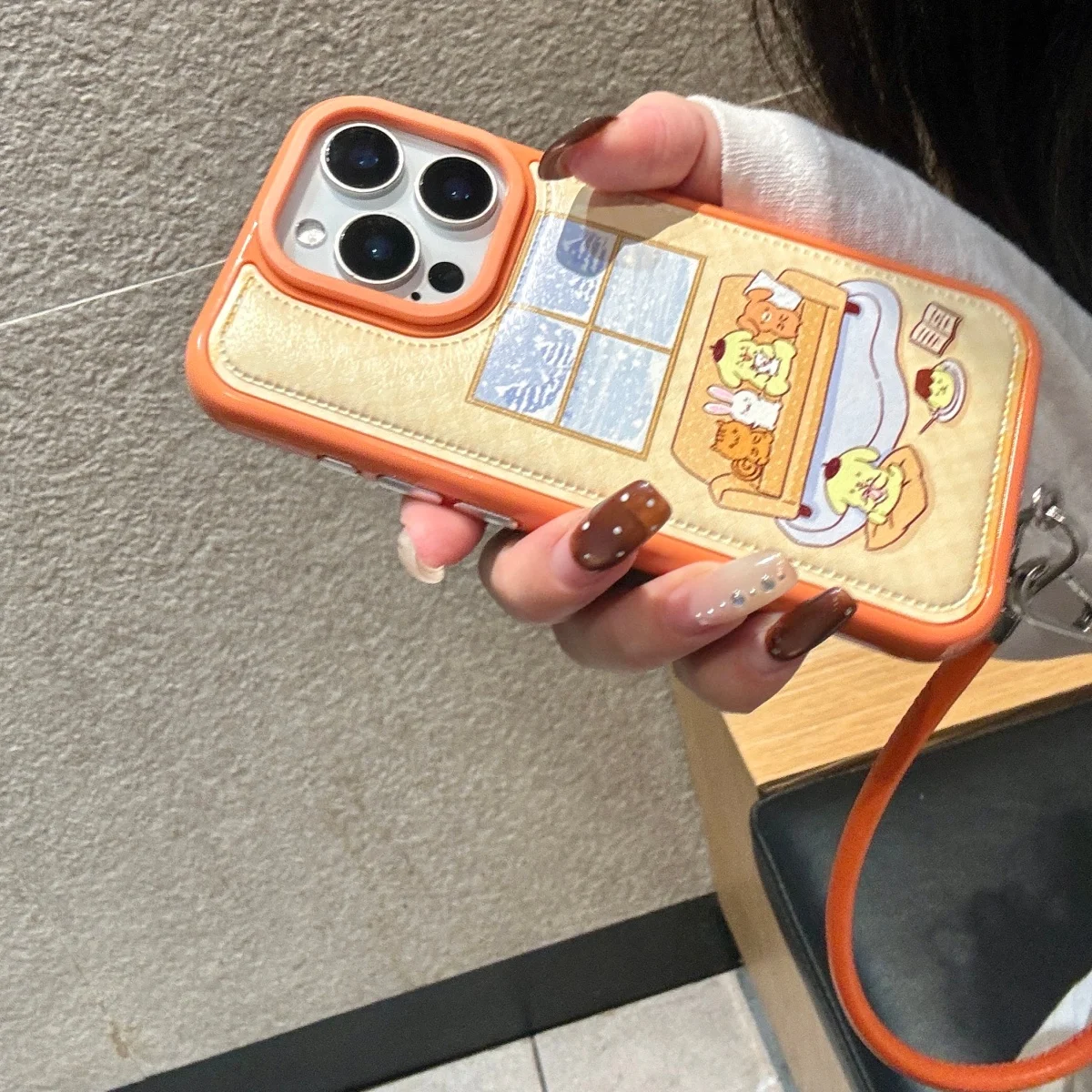 الجلود منقوشة البرتقال بودنغ الكلب مناسبة لحالة هاتف أبل 17 برو ماكس 16 15 14 برو ماكس جراب هاتف مع حبل معلق