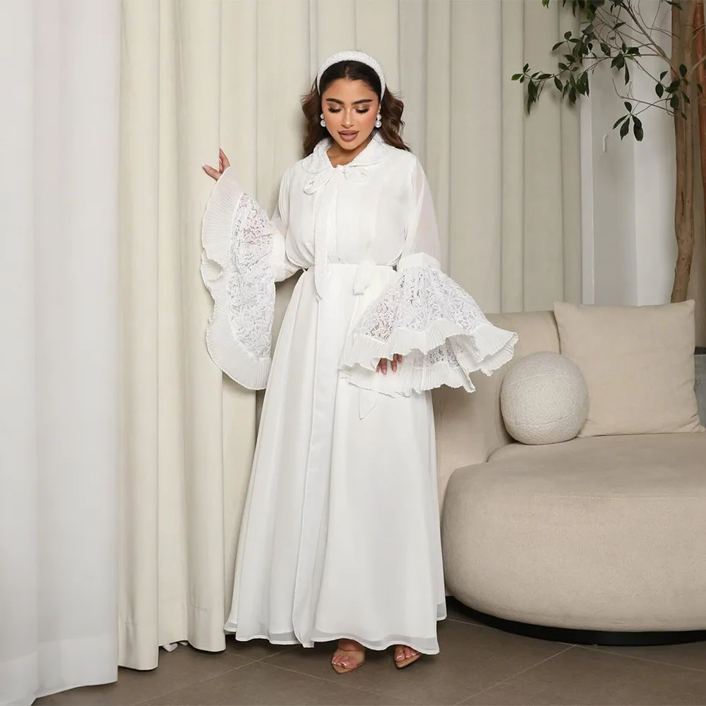 

Muslim Fashion Women's Abaya Waist Skirt Middle Eastern Fashion Elegant Robe Solid Color Splicing Lace Women's Dress