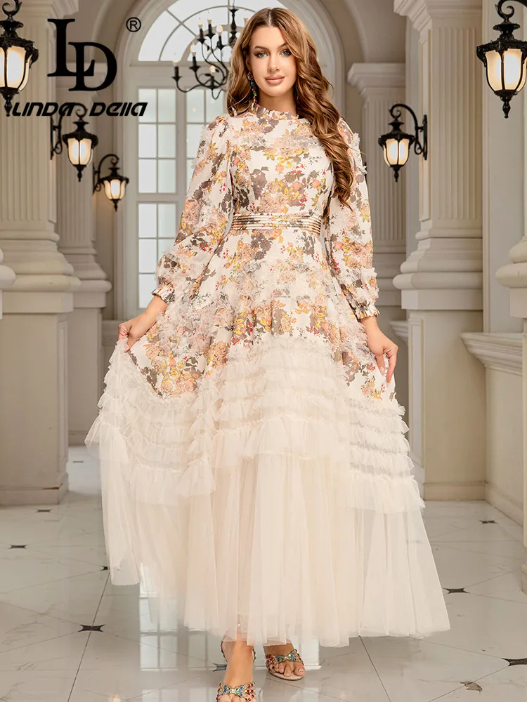 فستان LD LINDA DELLA بتصميم ممتاز للنساء مطبوع عليه أذن خشبية شبكية على طراز القصر الفرنسي بأكمام الأميرة