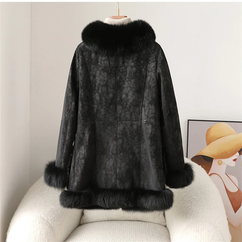 2024 Winter New Fox Fur Collar Mid-length Warm Fashion Coat Female Rabbit Fur Slim Luxury Jacket Parka JT455