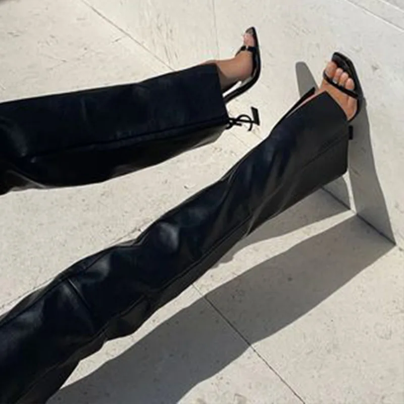 Fall 2024 Women's Casual Straight Leg PU Leather Pants Belted Low Waist Cross-Border Faion Ladies' Long Trousers