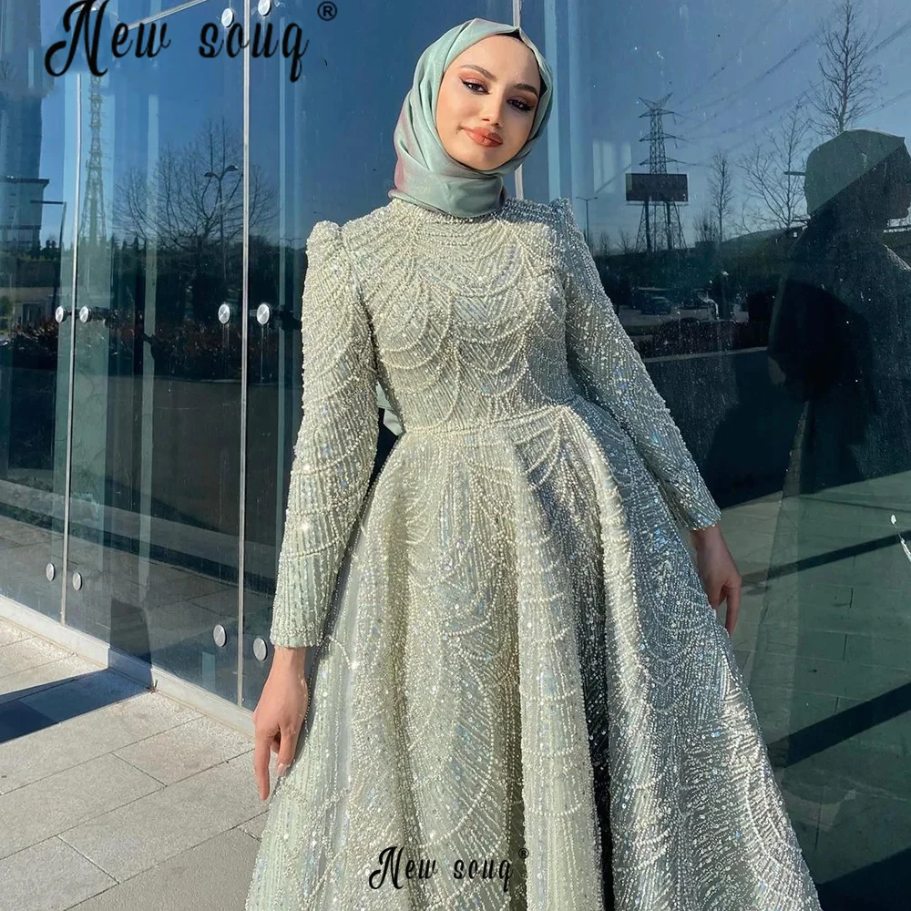 Muslim Tea Length Beaded Sage Green Evening Dresses Sparkly Long Sleeve Wedding Party Gowns Prom Dresses 2024 Luxury Dubai