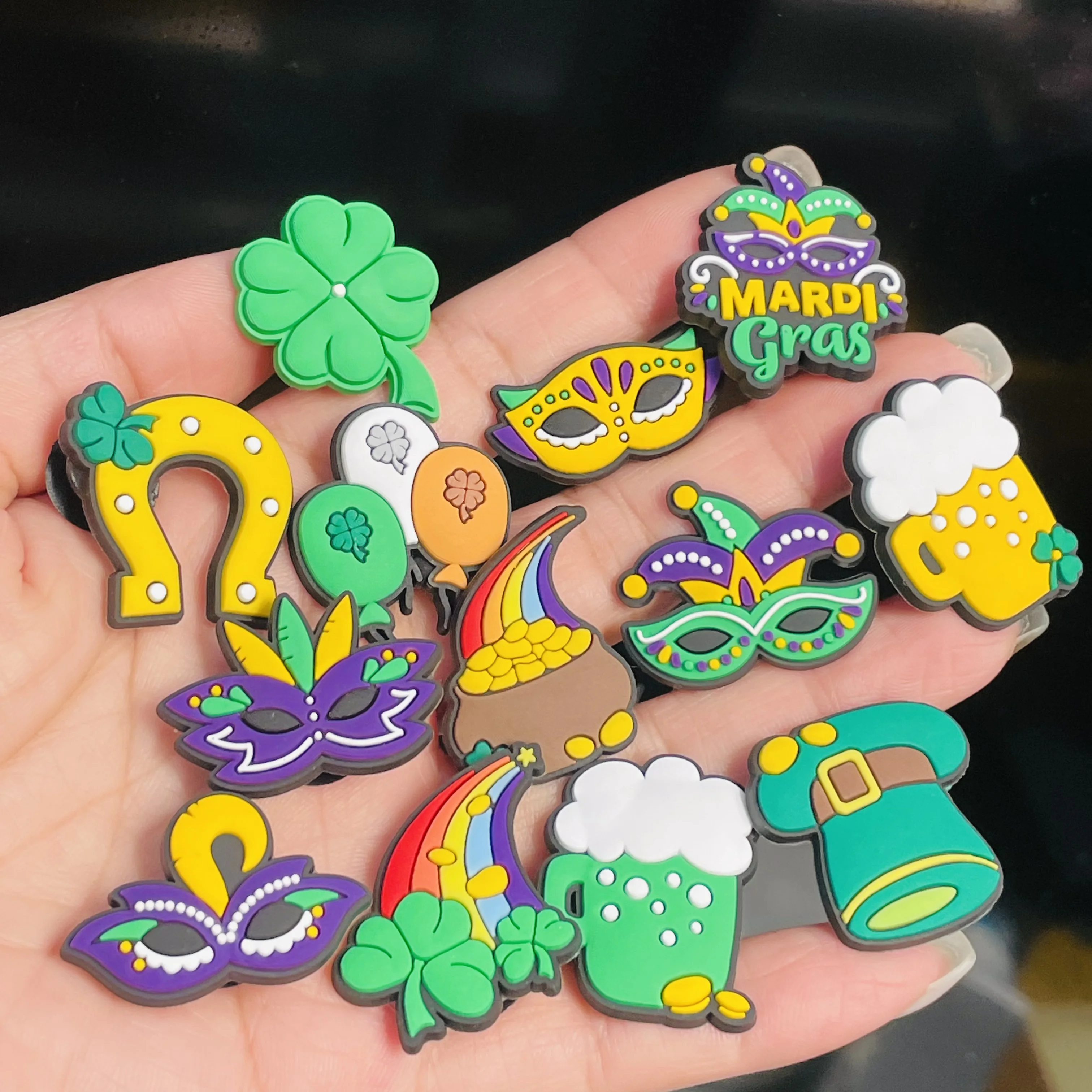 1-13Pcs Mardi Gras Four-leafed Clover PVC Kids Shoes Charms Buckle Clog Beer Slipper Decoration DIY Backpack