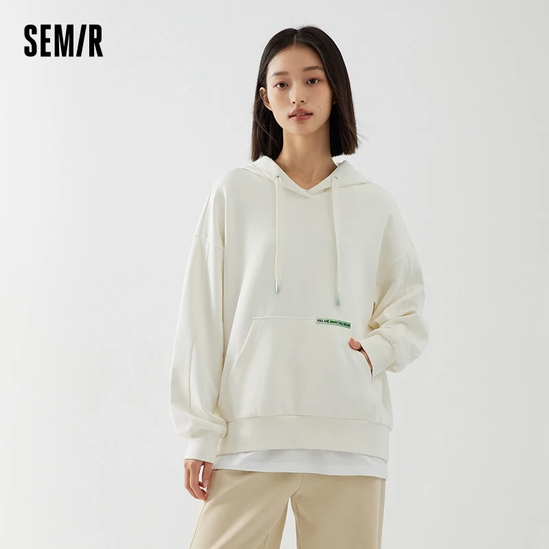 Semir Sweatshirt Women Short Loose Waist Clothing Retro Sports Style Autumn Color Block Letter Personality Hooded Top