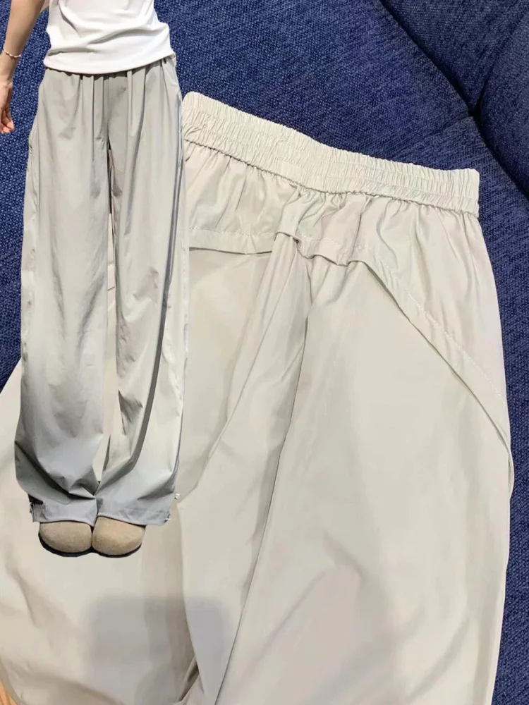 

High Waist Wide Leg Workwear Pants Women's Loose Casual Thin American Sle Qui Dry Sports Pants Tall Size Silver ey