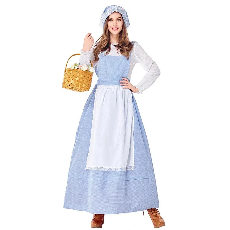 Kostum Gadis Perintis Wanita Gaun Mewah Pesta Halloween Thanksgiving Cosplay Hari Tua Perintis Gadis Padang Rumput Rumah Kecil