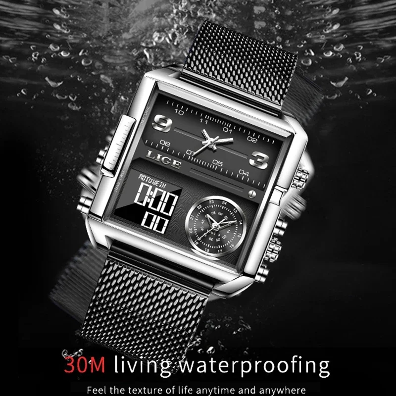 LIGE Fashion Black Steel Man Watch Dual Digital Display Watches Sport Chronograph Waterproof Quartz Men Military Wristwatch Date