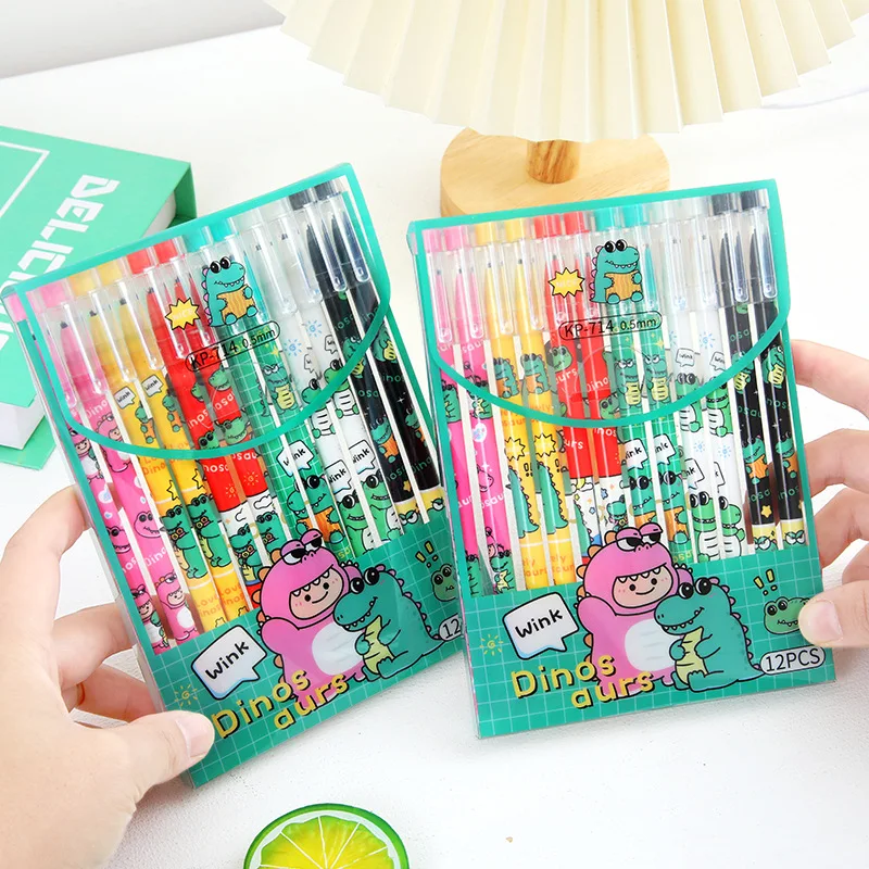 12Pcs/Lot Cute Little Dinosaur Erasable Gel Pens 0.5mm Black Ink Kids School Supplies Kawaii Stationery Washable Handle Pen Gift