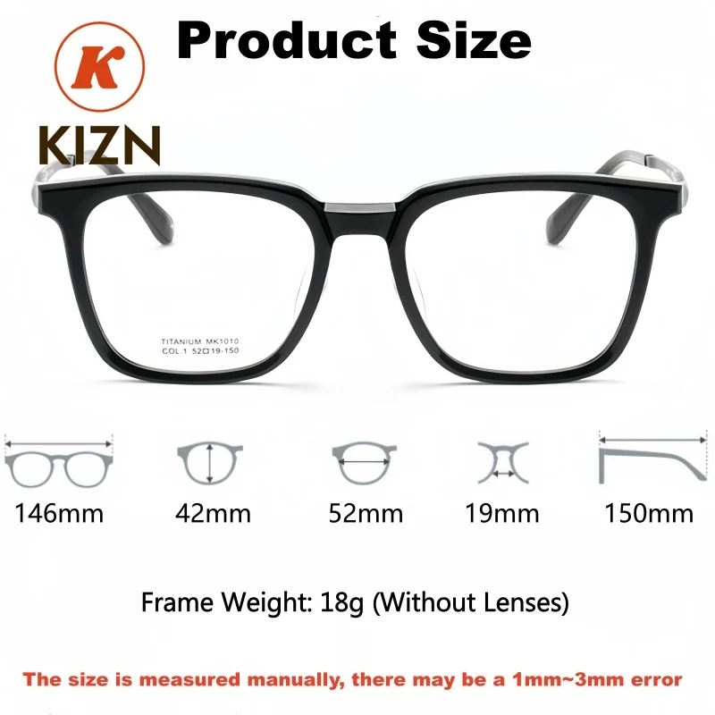 

KIZN New Luxury Pure Titanium Acetate Men Retro Casual Business Big Size Square Eyeglasses Glasses Ultra Light Frame MK1010