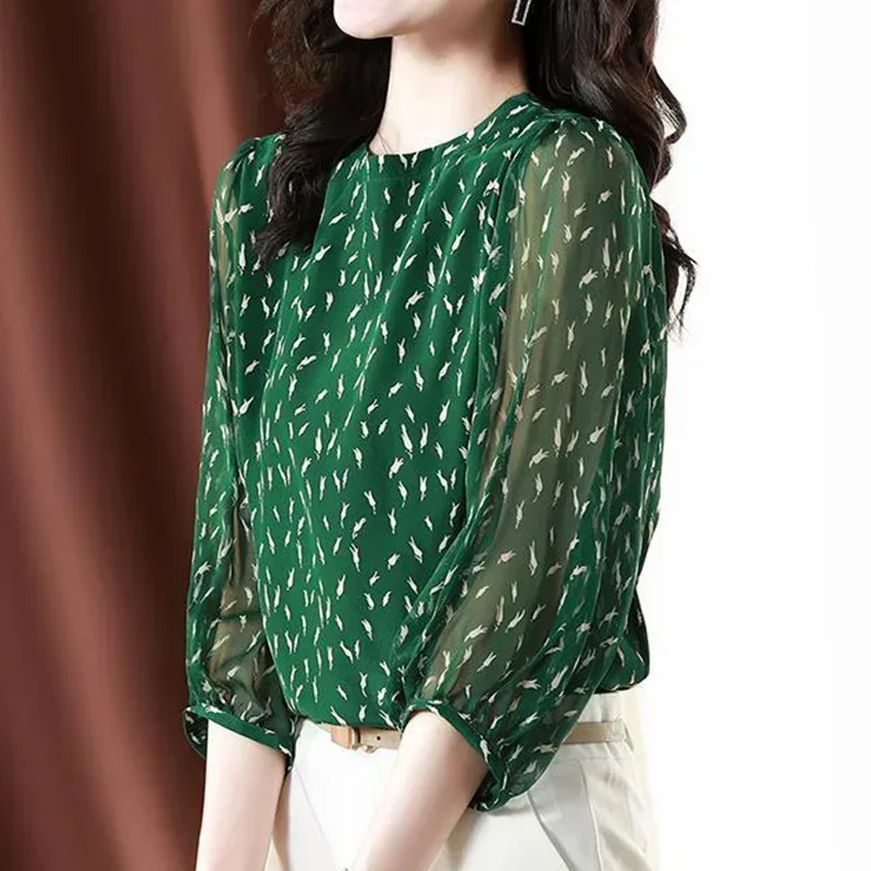 Chemise élégante en mousseline de soie imprimée, col rond, manches trois quarts lanternes, pull ample, vêtements pour femmes, nouvelle collection été 2024