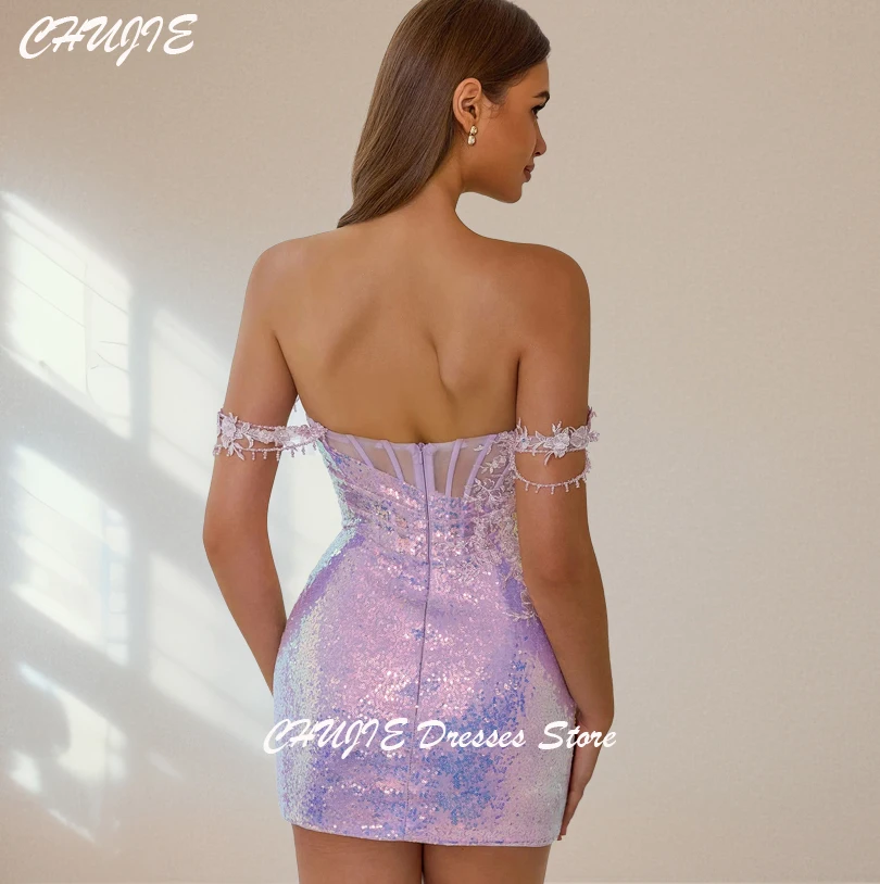 Appliques Off Shoulder Cocktail Dresses Woman Elegant Wedding Prom Dress Gown Mini Sequin Graduation Dress Vestido de graduación