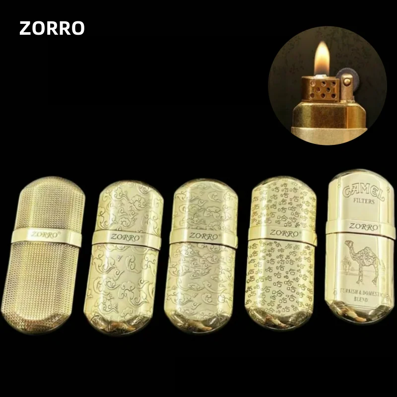 ZORRO Brass Handmade Carving Mini Ultra-thin Windproof Kerosine Lighter Grinding Wheel Metal Outdoor Waterproof Portable Lighter