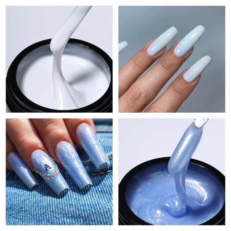 MSAHRE 50g Blu Shimmer Gel Estensione delle unghie French White Cover Builder Gel per unghie per l'estensione delle unghie Gel duro spesso autolivellante