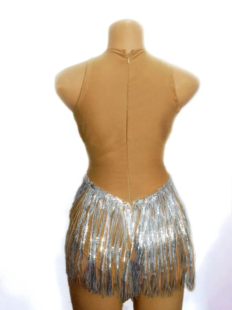 Sparkly Rhinestones Sequins Tassel Mesh Bodysuit for Women Nightclub DJ Pole Dancing Sexy Stage Wear Fringe Leotard Show Costume