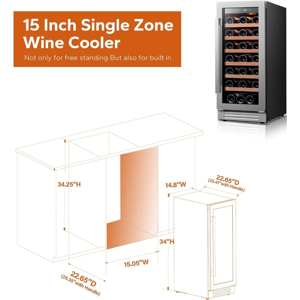 Réfrigérateur à vin avec porte en verre, réfrigérateur à vin à 3 LED, réfrigérateur à vin, 33 bouteilles, 40-65 °F, 15 po