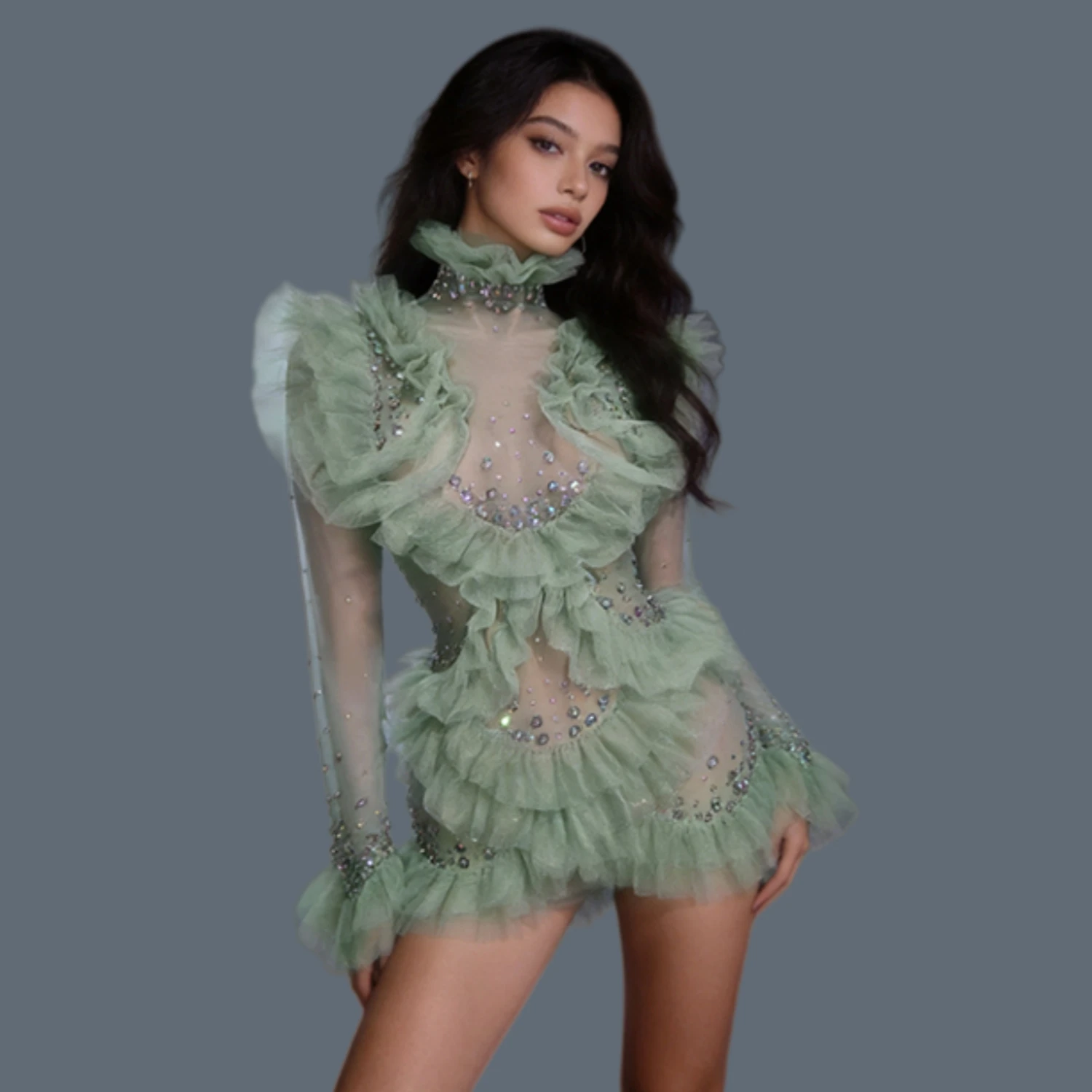 

Sexy Mint Green Sheer Mesh Long Sleeve Mini Dress Tulle Ruffle Sparkly Rhinestone Party Event Stage Performance Costume Mocha