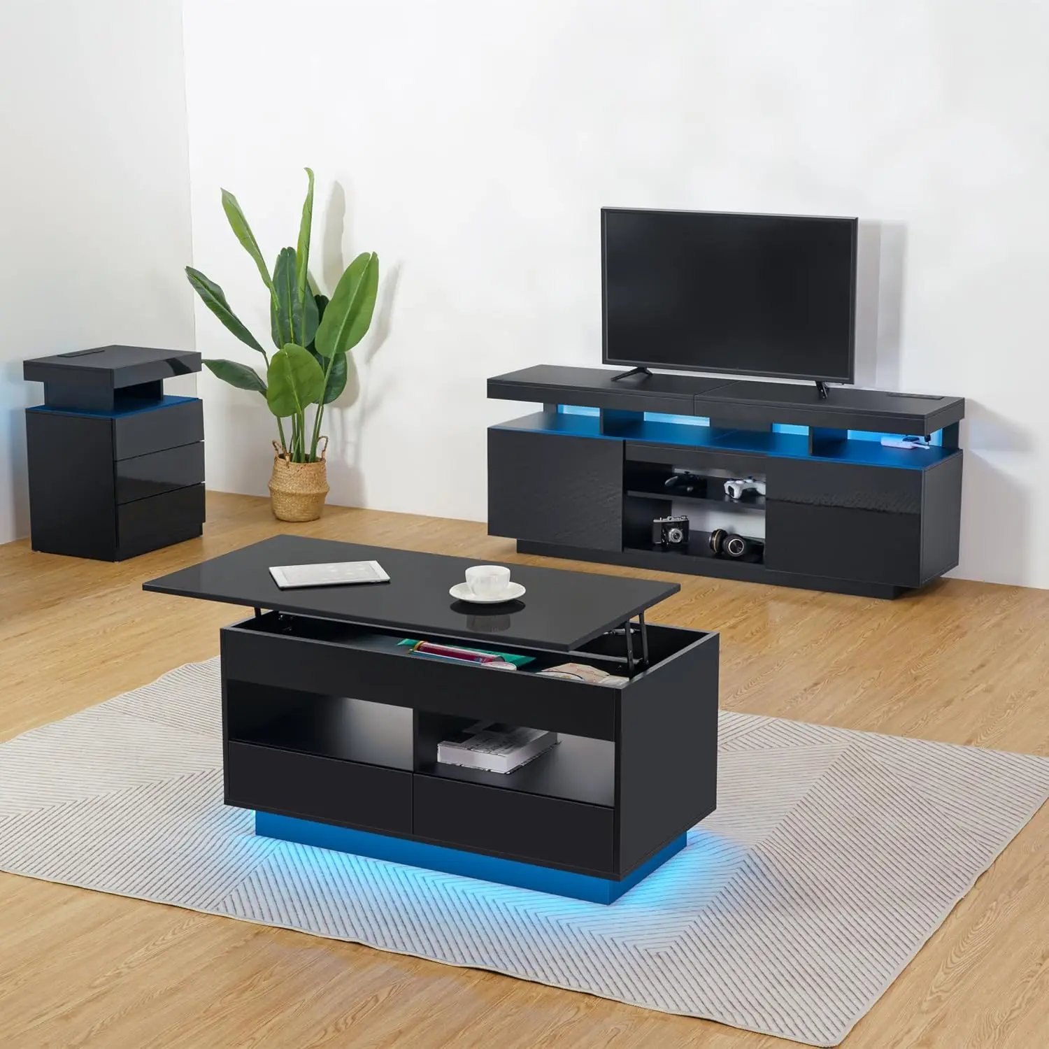 LED Coffee Tables for Living Room 2 Piece Set, Lift Top Coffee Table and LED TV Stand with Power Outlets for up to, Customized
