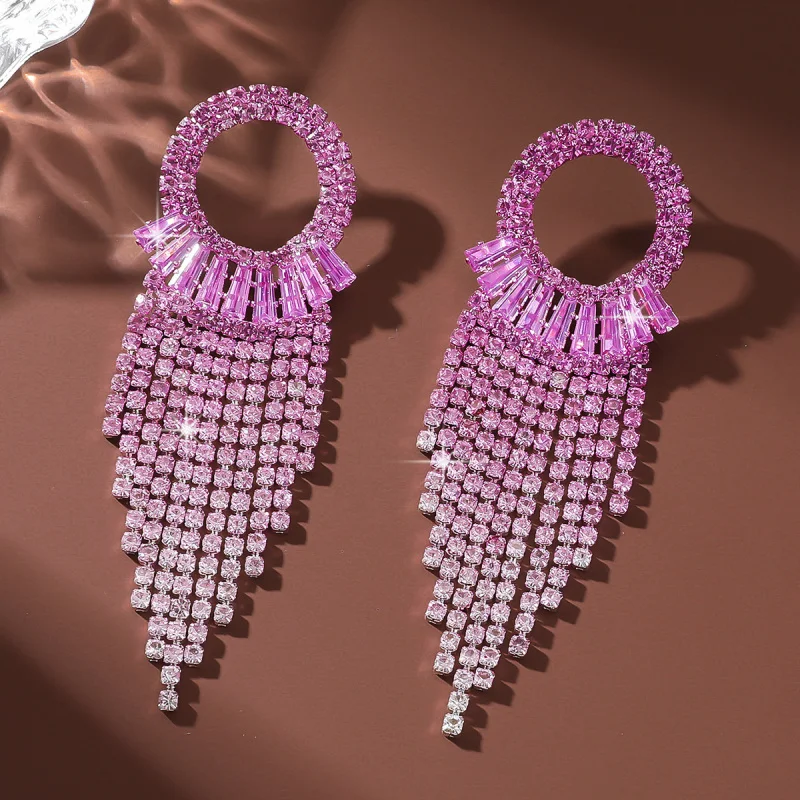 European and American Fashion Exaggerated Luxury Full Diamond Long Tassel Earrings for Women Elegant Versatile Evening Partyeari
