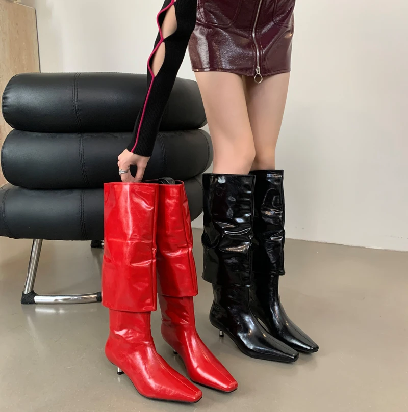 Black Knee High Boots Women Low Heeled Stiletto Red Shoes Comforts Long Boots Autumn Patent Leather Botas Vintage Mujer