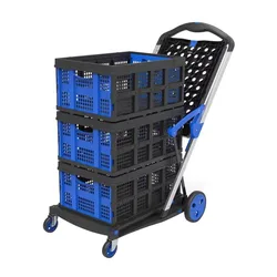 Functional New Double Decker Foldable Cart Grocery Trolley Folding Shopping Cart Two Tier Collapsible Cart with One Crate