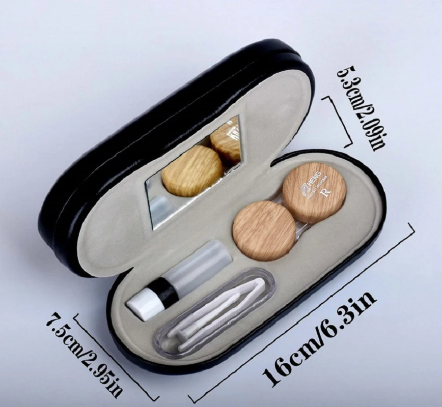 Druckresistentes, doppellagiges Kontaktlinsenetui mit zwei Funktionen, imitiertes Holzmaserung-Kontaktlinsenetui, modisches Brillenetui – Detail 8