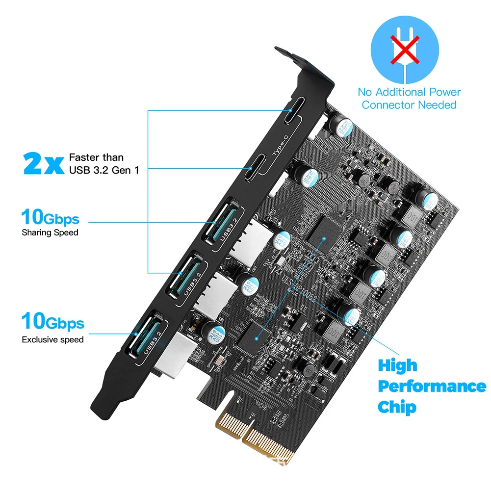 การ์ด PCIe X4 เป็น USB 3.2 อะแดปเตอร์ 20Gbps 3x USB3.2 และ 2x TPYC-C รองรับ Windows 7/8/10 (32/64 บิต) ระบบปฏิบัติการ 10.8.2 15W