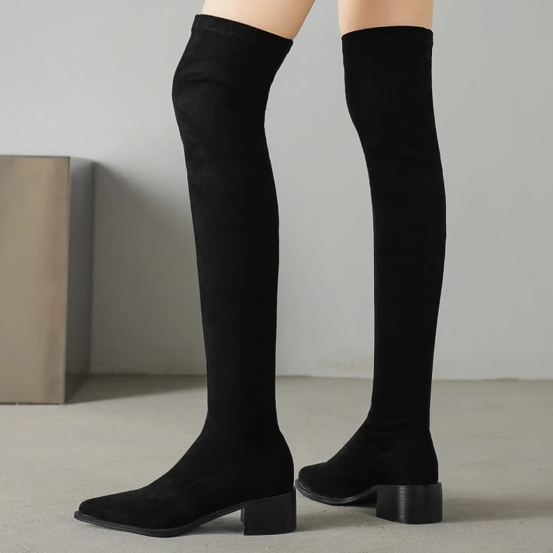 

Women's Over the Knee High Boots Black Autumn Winter Elastic Flock Thigh High Boots Low Heel Footwear Shoes Ladies Comfortable