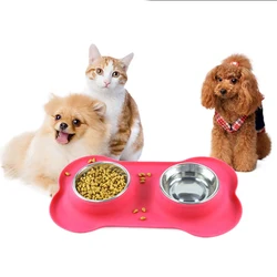 Silicone pet cat and dog bowl stainless steel double bowl anti-spill easy to clean for eating and drinking